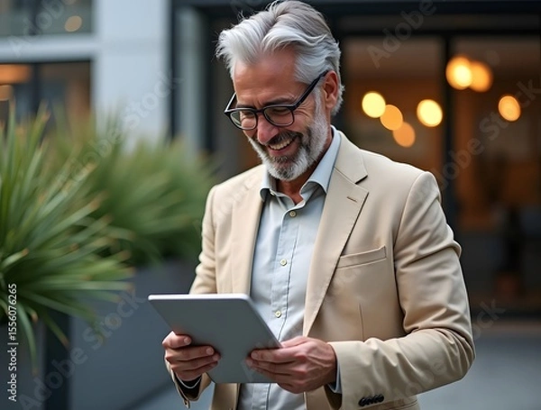 Fototapeta Smiling man with tablet wearing glasses and suit image