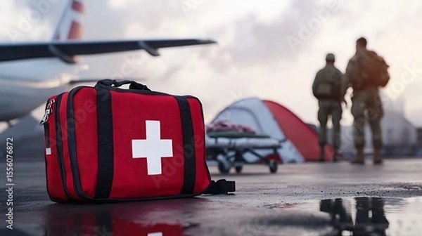 Fototapeta Red first aid kit on airport tarmac with aircraft and military personnel in the background during emergency response situation