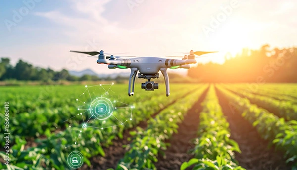 Fototapeta Aerial drone surveys a lush farm field at sunset, representing agricultural technology and efficient farming methods.