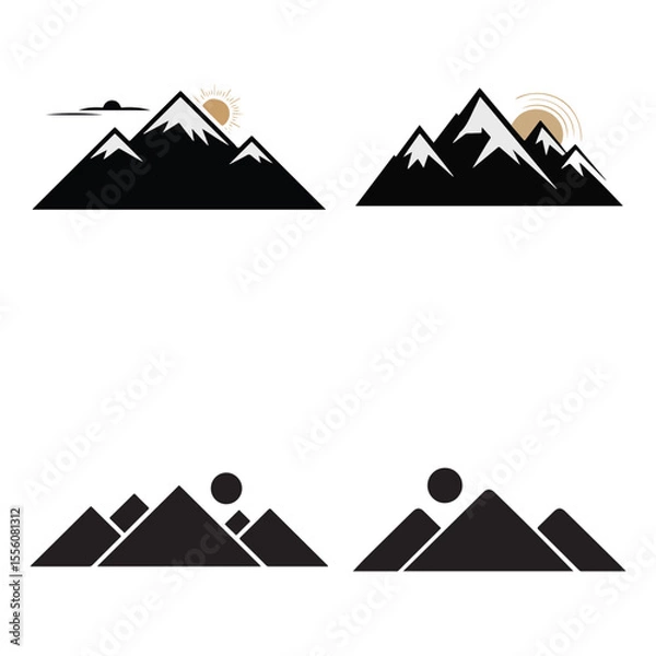 Fototapeta Four stylized mountain range illustrations with sun and clouds