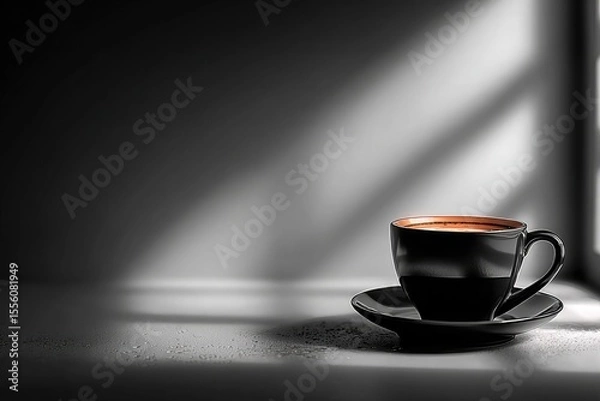 Fototapeta A black coffee cup sits on a table, with the shadow of window light casting across it