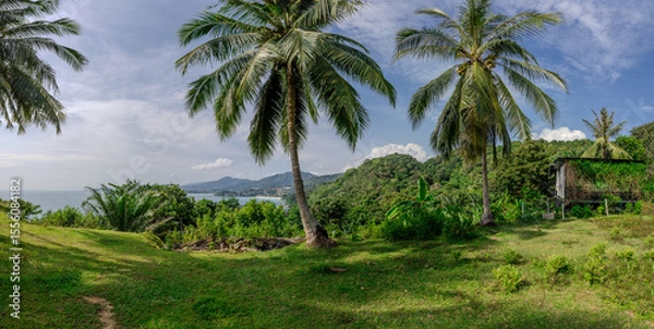 Fototapeta Views through lush green trees and palms over looking Kata and Kata Noi on the beautiful island of phuket in Thailand with lush green mountains and turquoise blue waters of the Andaman Sea