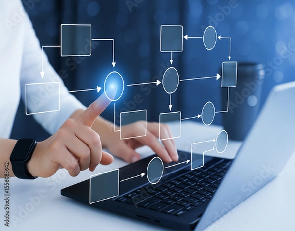 Obraz Businesswoman interacting with digital flowchart interface on a laptop. Concept of workflow automation, process optimization, and digital transformation in modern business technology.