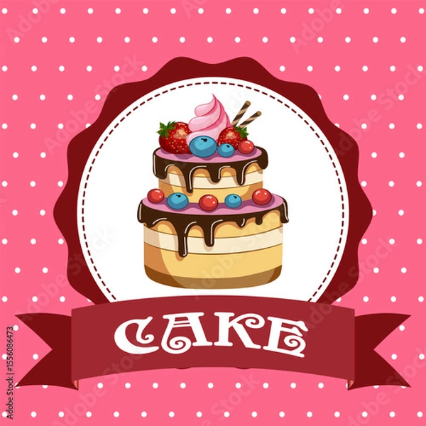 Obraz Beautiful cake on a banner.Vector illustration of a banner advertising desserts with a beautiful cake in a frame with text.
