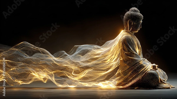 Fototapeta Golden statue of Buddha with flowing energy, symbolizing peace and tranquility. intricate details and luminous aura create serene atmosphere, inviting reflection and meditation