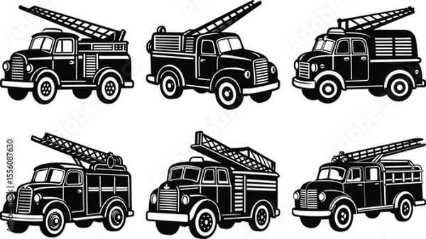 Fototapeta Vector art of vintage fire trucks with ladders isolated on transparent background