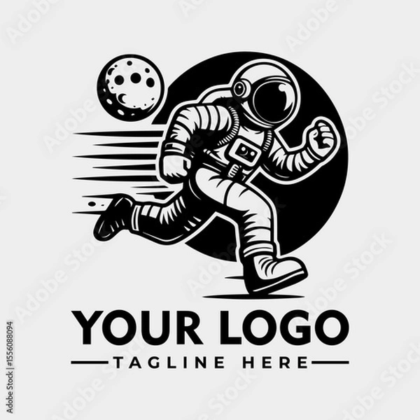 Fototapeta A stylized astronaut sprints past a moon, dynamic logo design.