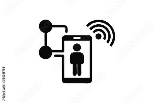 Obraz Connected Person Icon: Smartphone Network, Digital Communication, Modern Technology, Minimalist Black and White Style.