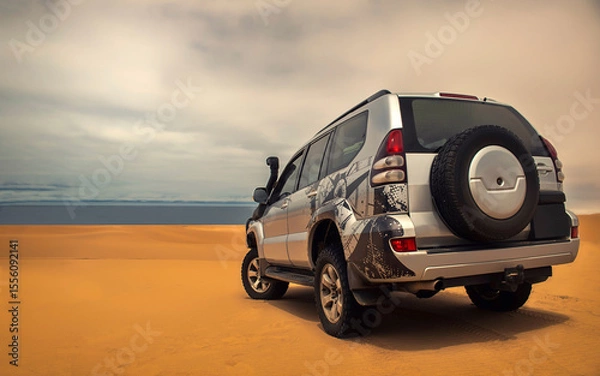 Fototapeta A powerful gray 4x4 SUV stands alone in the vast sandy terrain of the Namib Desert, ready for off-road travel, exploration, and endurance across one of Africa’s wildest landscapes. 