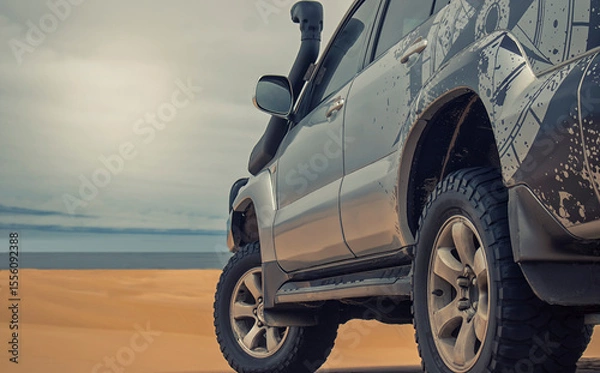 Fototapeta A powerful gray 4x4 SUV stands alone in the vast sandy terrain of the Namib Desert, ready for off-road travel, exploration, and endurance across one of Africa’s wildest landscapes. 