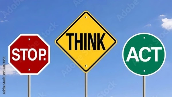 Fototapeta Stop, think, and act concept showcases road signs against a vibrant blue sky, symbolizing decision making and thoughtful action for improved outcomes.