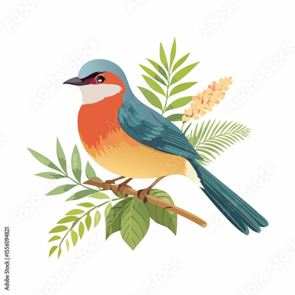 Fototapeta A beautiful bird rests on a leafy branch with floral accents, perfect for nature themed designs and creative projects.
