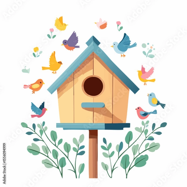 Fototapeta Charming birdhouse and colorful birds create a whimsical springtime scene, perfect for branding or greeting cards.