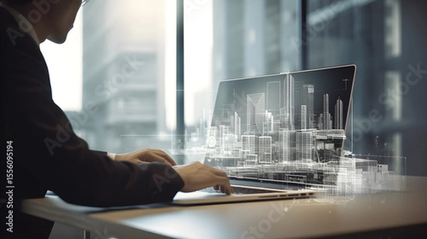 Fototapeta BIM (building information modeling) technology concept. Businessman using computer laptop with BIM icons on virtual screen.