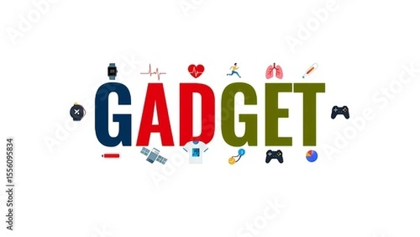 Fototapeta Gadget concept illustration with modern devices and lifestyle icons creatively spelling out the word against a white background.