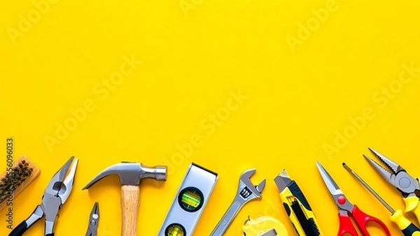 Fototapeta Assorted hand tools arrangement on a bright yellow backdrop creates a visually striking composition for construction or repair themes.