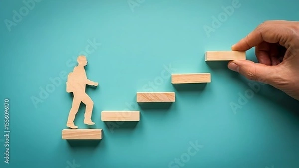 Fototapeta Person climbing steps constructed by a hand represents achieving goals and climbing the career ladder with determination