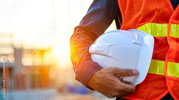Fototapeta Construction worker holds a hard hat, wearing safety vest at sunset on a building site ready for work, symbolising safety and expertise.