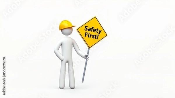 Fototapeta A stick figure worker wearing a hard hat emphasizes workplace caution with a bright yellow Safety First sign on a plain background.