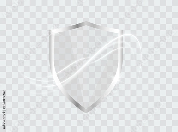 Fototapeta White glass shield. Glass protection shield with white glowing effect on a transparent background. Secure object. Realistic 3d vector illustration