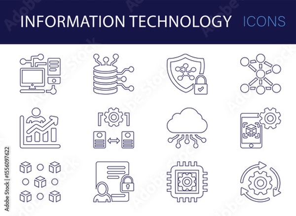 Fototapeta Information technology line icon set. Including cloud computing, data server, analytics, security system, network connection, blockchain, database, mobile system, and automation gear symbols.
