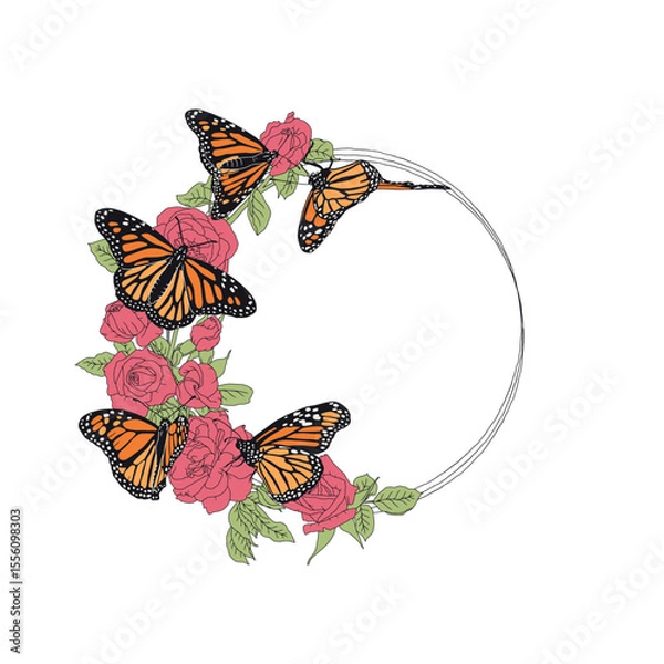 Fototapeta Hand drawn orange monarch butterfly and rose flowers round frame. Beautiful tropical insect greeting card design. Vector illustration on white background