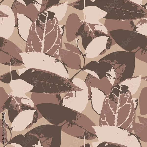 Fototapeta Seamless pattern with brown autumn leaves on black background. Cottagecore foliage wallpaper. Boho botanical texture. Ecological and natural design.