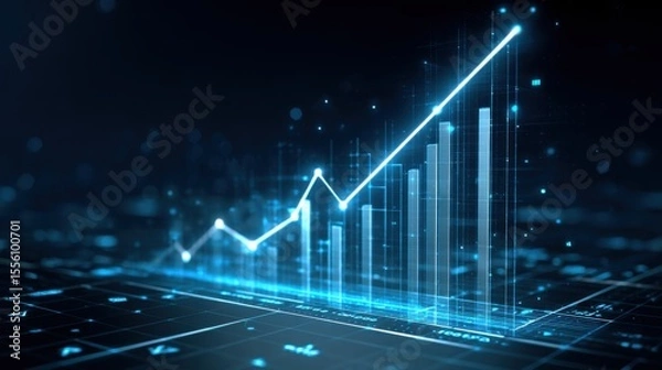 Obraz The Metaverse Gaming Economy Concept.  A glowing blue digital graph displays rising bar and line charts, symbolizing growth, analytics, and futuristic data trends in a tech-driven environment.