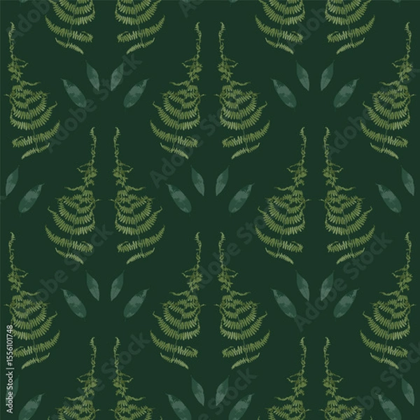 Fototapeta Seamless pattern with dried green fern leaves on dark background. Wild forest plant wallpaper. Boho botanical texture. Ecological and natural design.