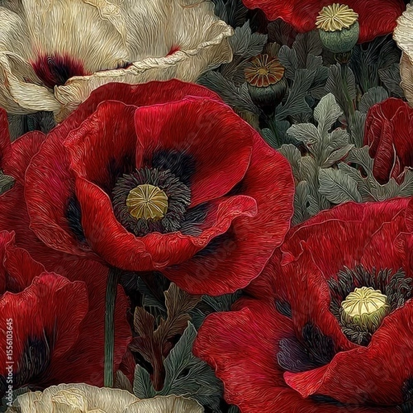 Obraz seamless background tangled and intricate layers of red cream poppy flowers create rich texture. artwork showcases the beauty nature, ideal for designs generative ai