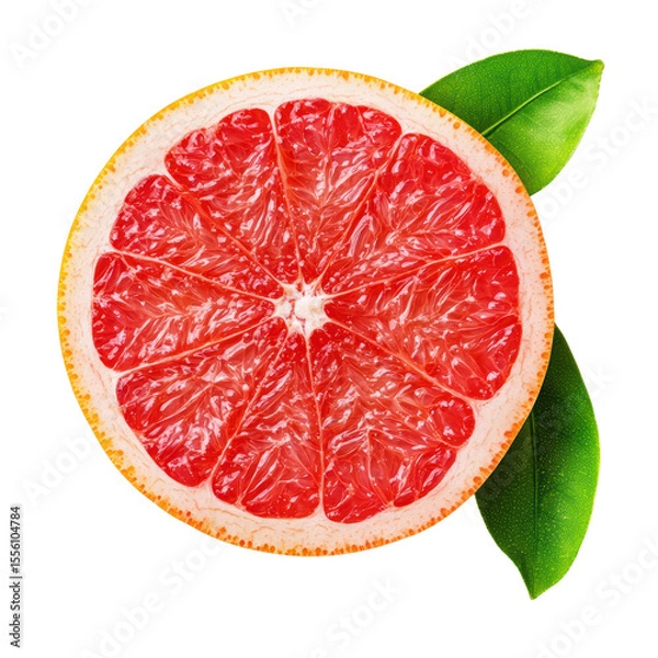 Obraz Freshly sliced pink grapefruit with green leaves