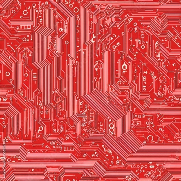 Obraz seamless close-up view of circuit board pattern featuring white lines on vibrant red background. high-contrast design showcases detailed technological elements in flat style generative ai