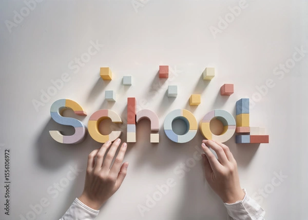 Obraz Hands arranging the word SCHOOL from colorful geometric shapes against the solid white background. Back to school, educational flat lay. 