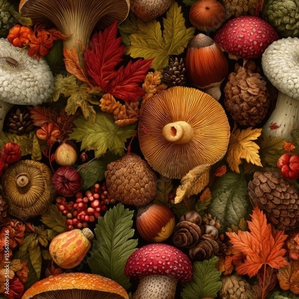 Obraz seamless richly textured autumn elements like colorful mushrooms, vibrant leaves, and pine cones combine to create seasonal backdrop. nature's vivid colors shine in design generative ai