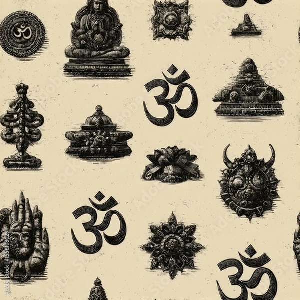 Obraz seamless texture creative hand-drawn technology symbols are showcased on white background, creating ideal for various design applications. modern aesthetic blends art with generative ai