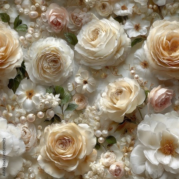 Obraz seamless texture exquisite showcasing array of dreamy wedding elements including roses, delicate flowers, and pearls. ideal for creating stylish backgrounds generative ai
