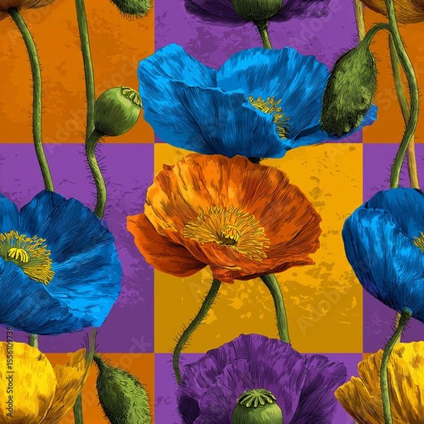Obraz seamless texture colorful poppy flowers in vibrant hues create lively and chaotic suitable for backgrounds. the bold patterns showcase blend of blue, orange, purple, yellow generative ai
