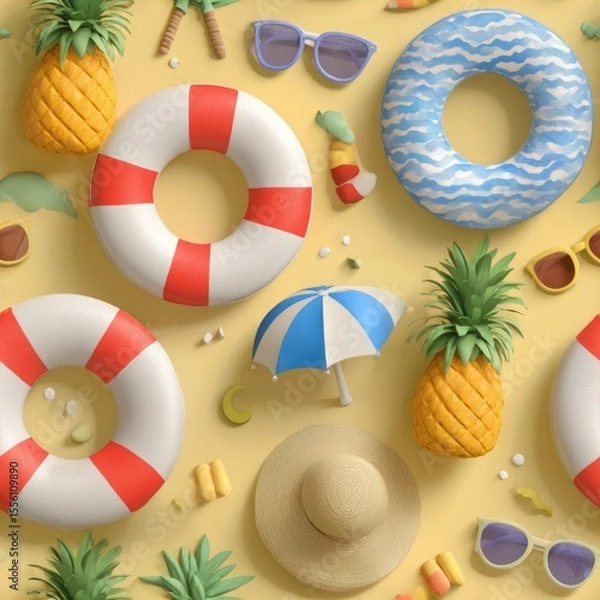 Obraz vibrant promotional banner showcases assortment of summer beach accessories like inflatable toys, swimming rings, and sun hats generative ai