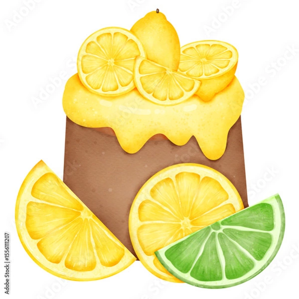 Fototapeta slices of lemon cake watercolor bread, sweet, dessert, fruit, snack, lemon, healthy, slice, fresh