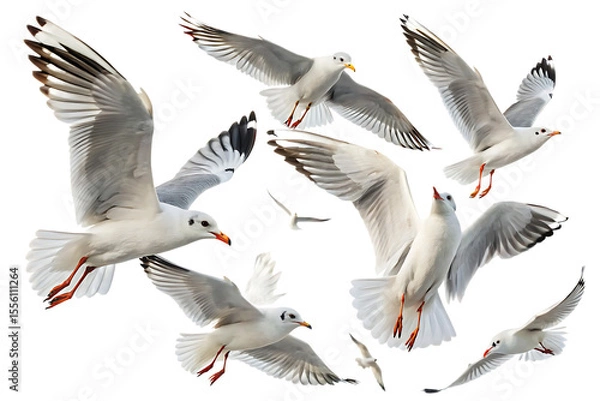 Fototapeta Eight white seagulls with grey wingtips and orange beaks and legs in various flight poses isolated on a transparent background