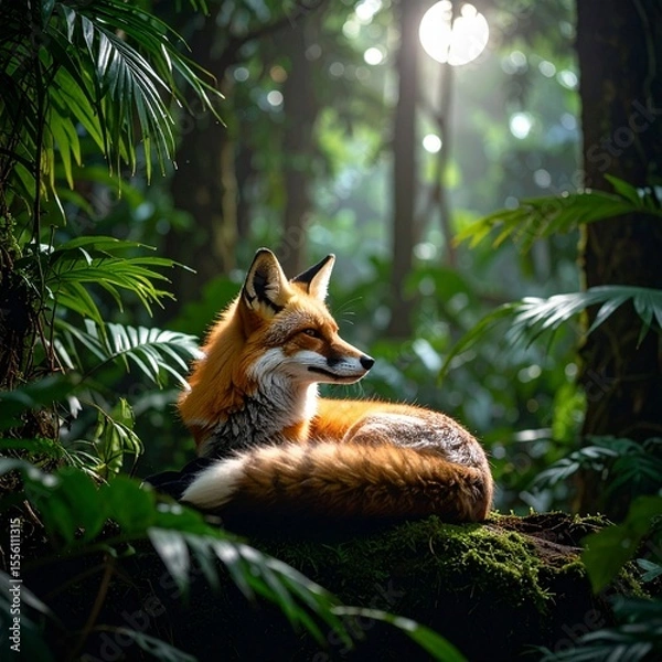Fototapeta Relaxed fox resting in lush jungle underneath green canopy captured in minimalist style