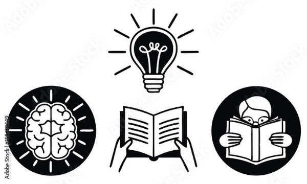 Fototapeta A collection of three simple black and white icons representing knowledge learning and ideas the icons include a brain with radiating lines an open book held by hands and a person reading a book