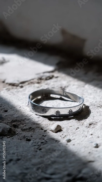 Fototapeta Silver Peace Symbol Bangle Resting on Textured Surface in Serene Setting