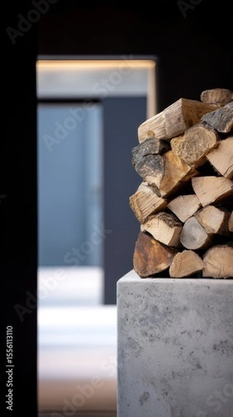 Fototapeta Stacked Firewood Pile Resting on Concrete Block in Minimalist Indoor Setting