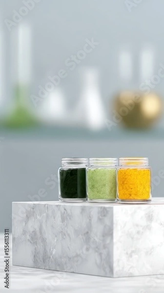 Fototapeta Superfood Powders Spirulina Moringa Turmeric Display on Marble Podium in Laboratory Wellness Setting