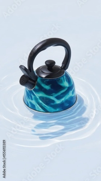 Fototapeta Teal and Black Patterned Kettle Creating Ripples in Water Symbolizing Change and Transformation