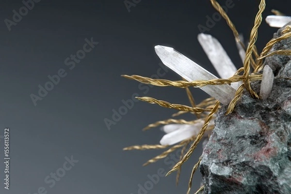 Fototapeta Translucent Quartz Crystals Growing from Dark Fractured Rock with Gold Pyrite Veins in Natural Mineral Formation