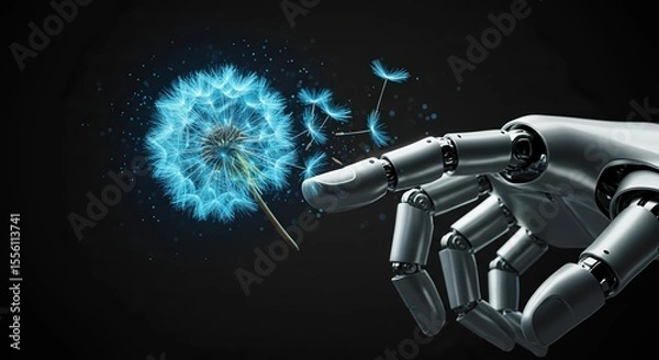 Obraz Robot hand touching dandelion hole seed