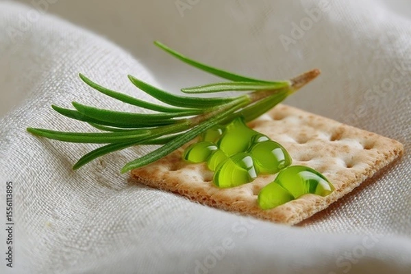 Fototapeta Whole Grain Cracker with Herb Topped Oil Droplets on Textured Fabric Close Up