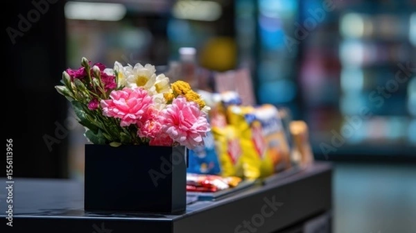 Fototapeta Wilted Flower Bouquet and Expired Snacks Displayed on Black Podium in Chaotic Supermarket Aisle